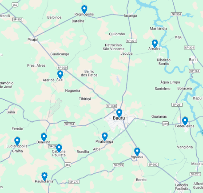 Mapa das cidades atendidas pela Dra. Iane Mayrinck